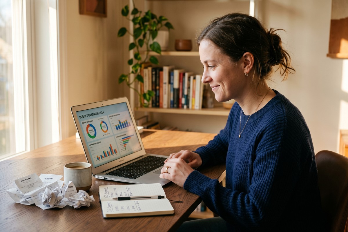 Freelancer using AI budgeting tools on laptop to track and cut monthly expenses
