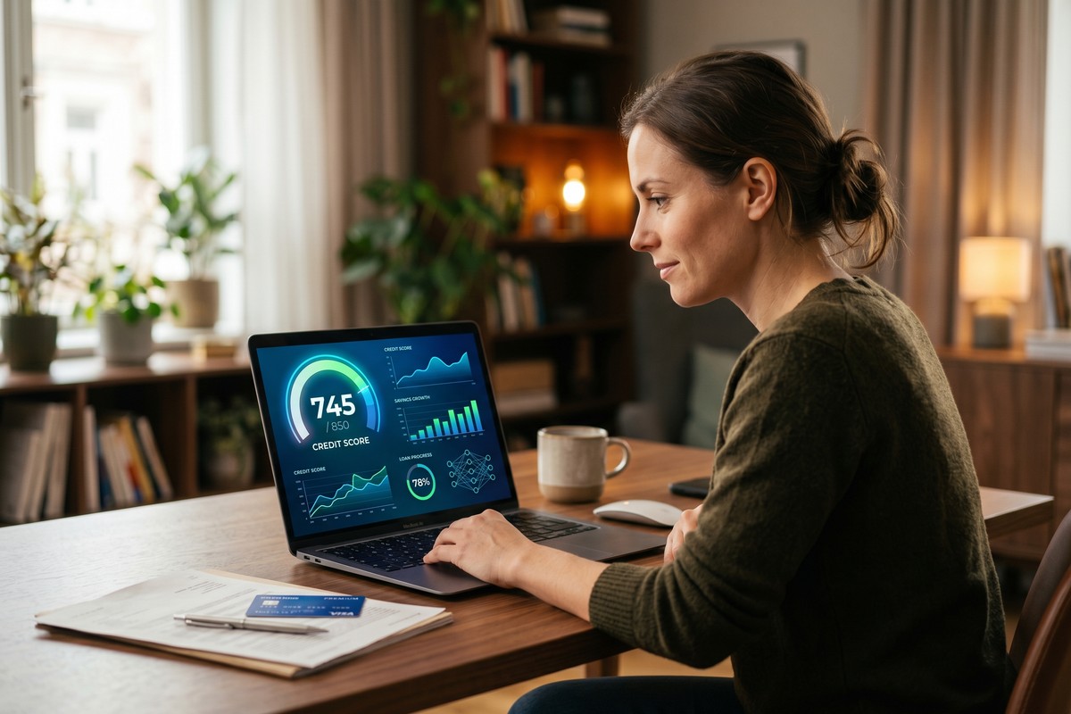 Person reviewing AI credit score tools on a laptop with credit report data on screen
