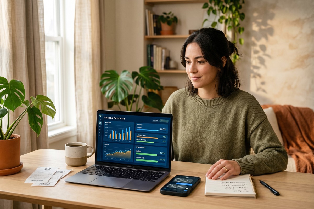 Person using AI finance alternatives on a laptop to track savings and budget