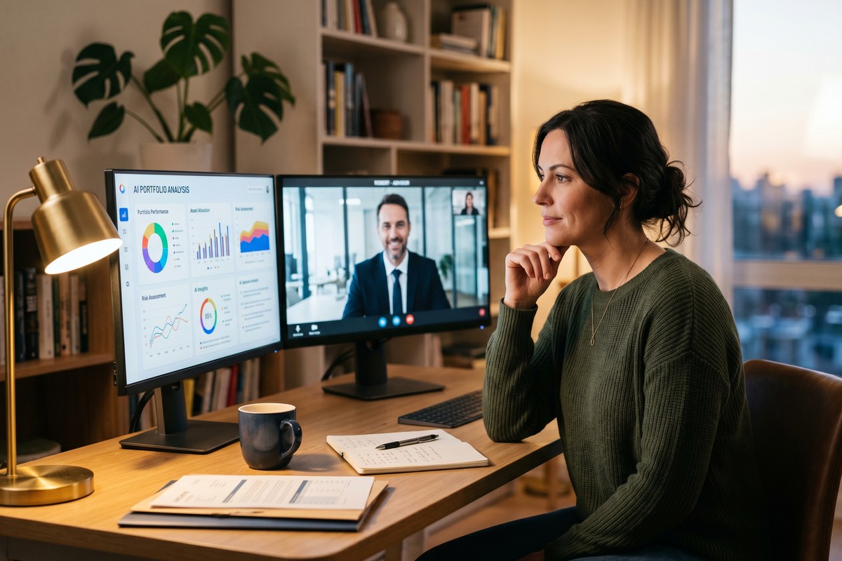 AI financial advisor interface compared to a human financial advisor in a meeting