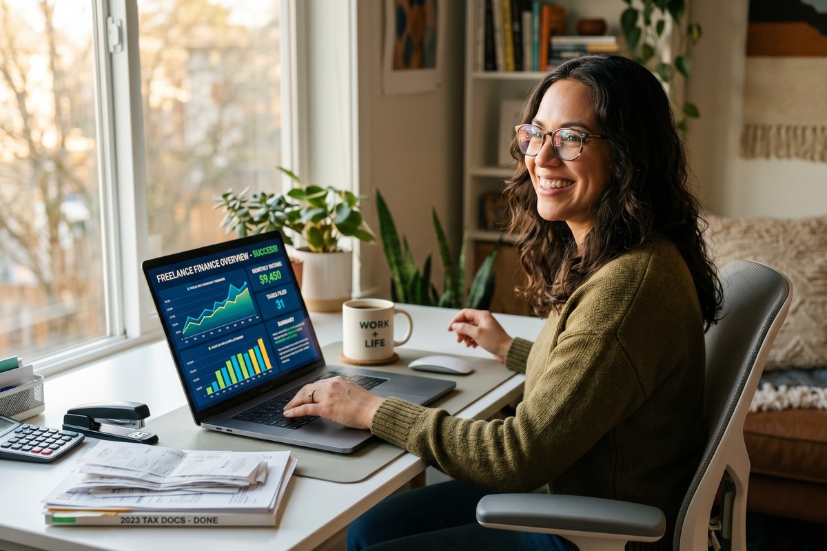 Freelancer using AI tool on laptop to streamline tax preparation