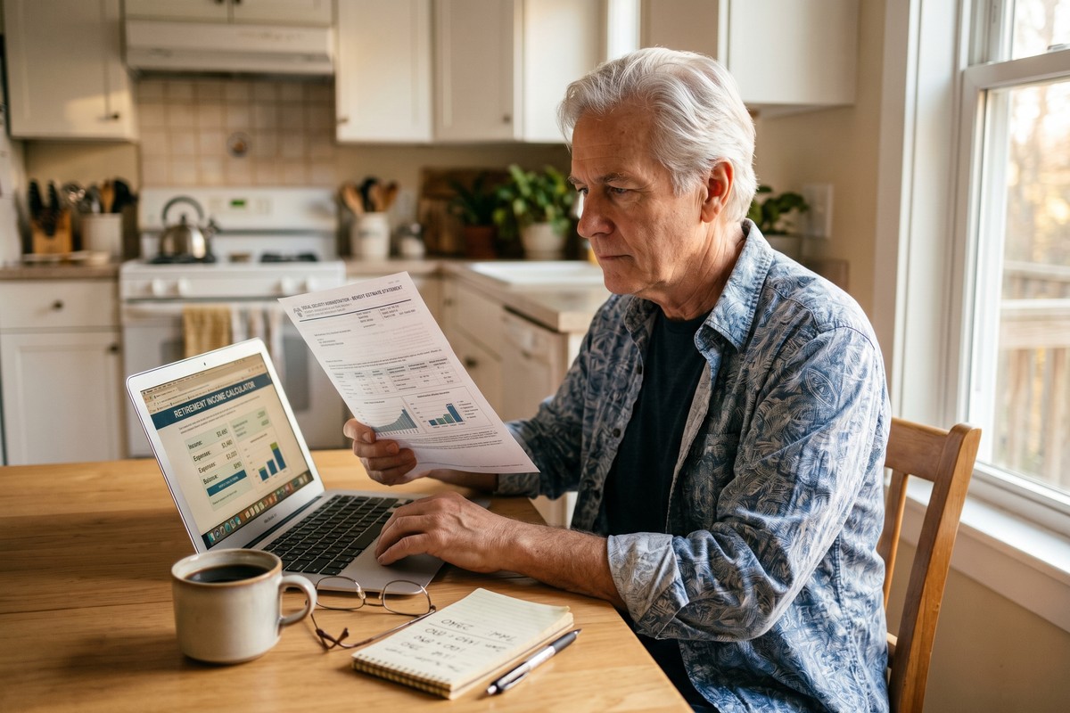 Retired couple reviewing Social Security benefit options at kitchen table