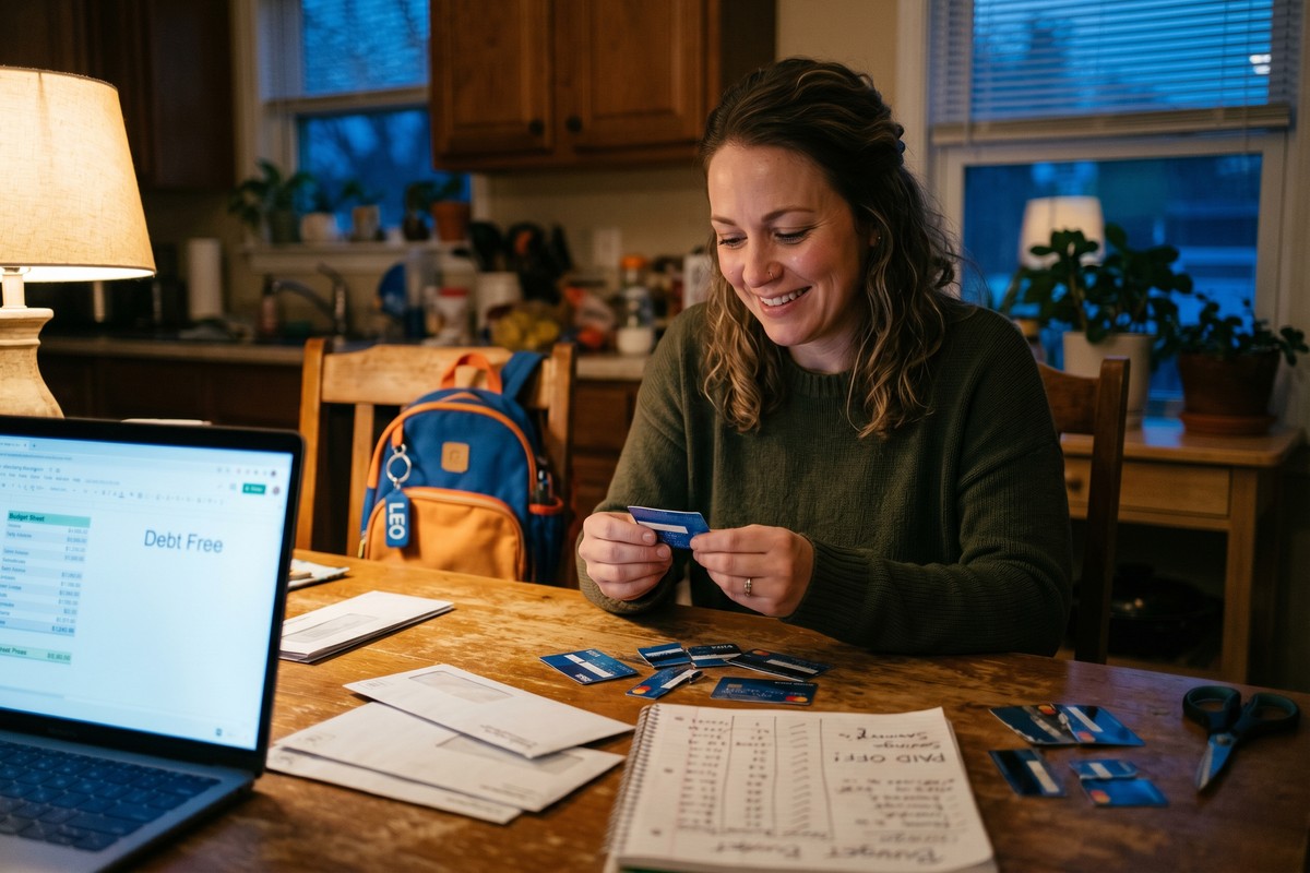 Single parent reviewing budget and credit card statements at kitchen table while eliminating debt