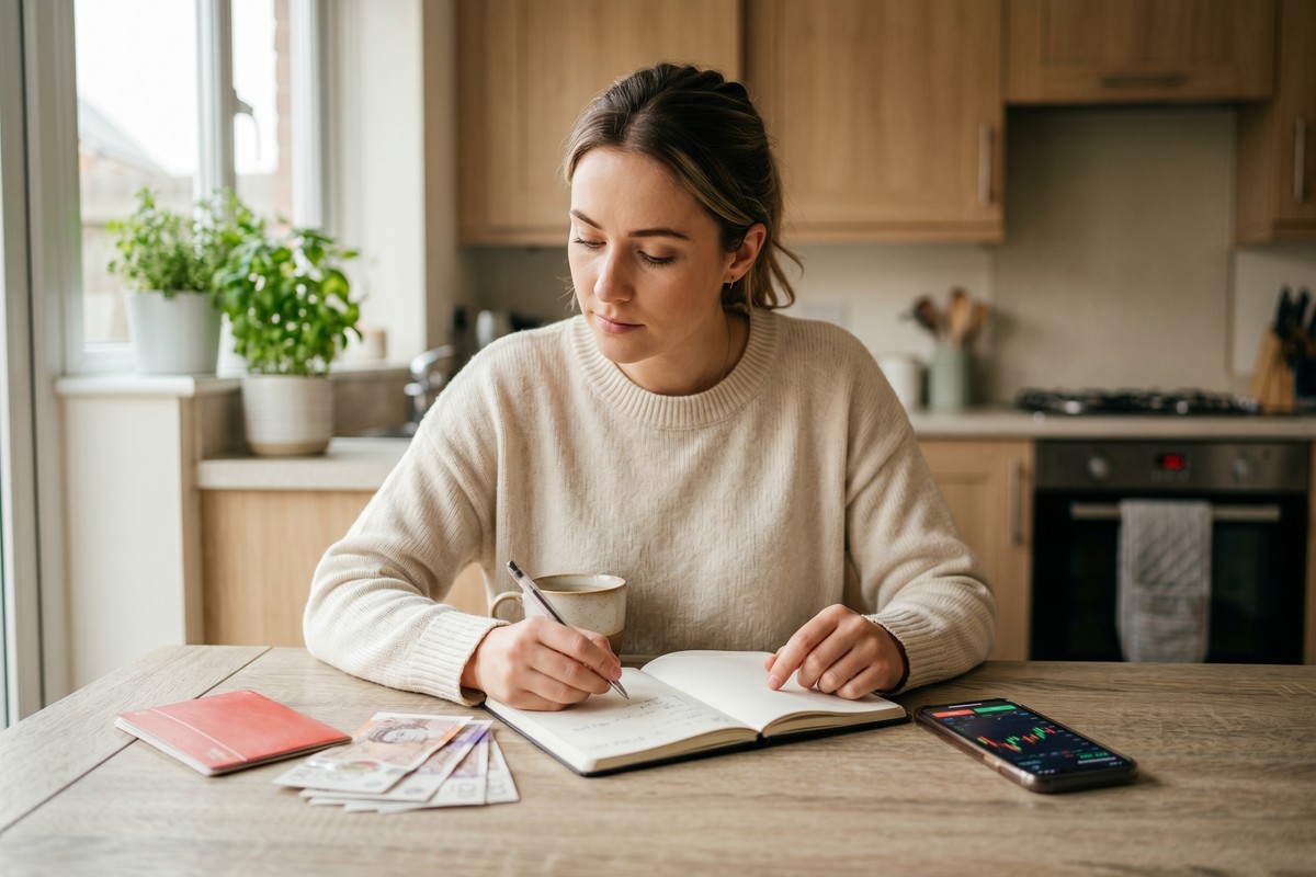 Person weighing emergency fund savings jar against investment growth chart on a desk