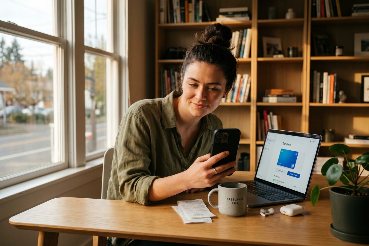 Freelancer using fintech app on smartphone to manage business finances
