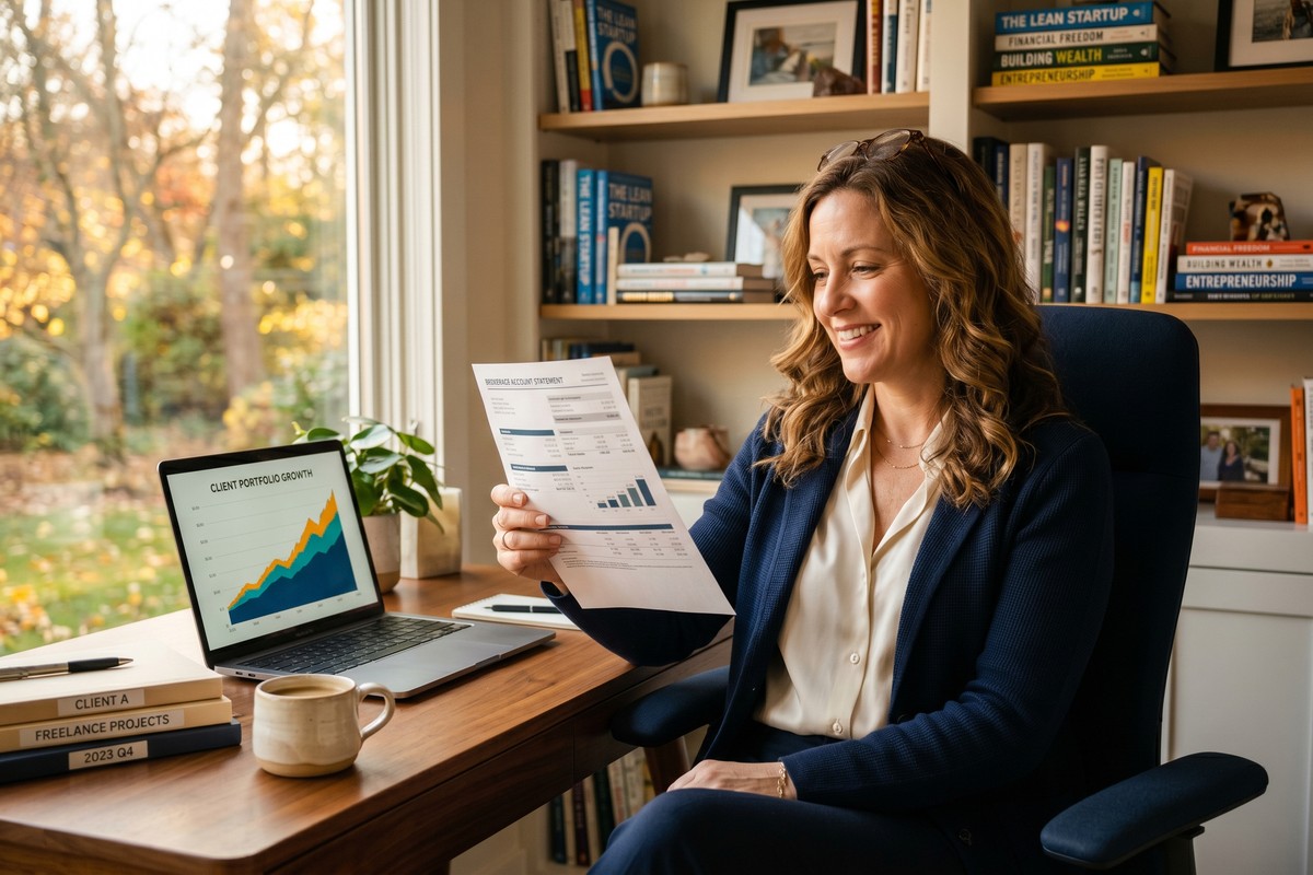 Freelancer reviewing retirement savings plan at a desk with financial charts and laptop