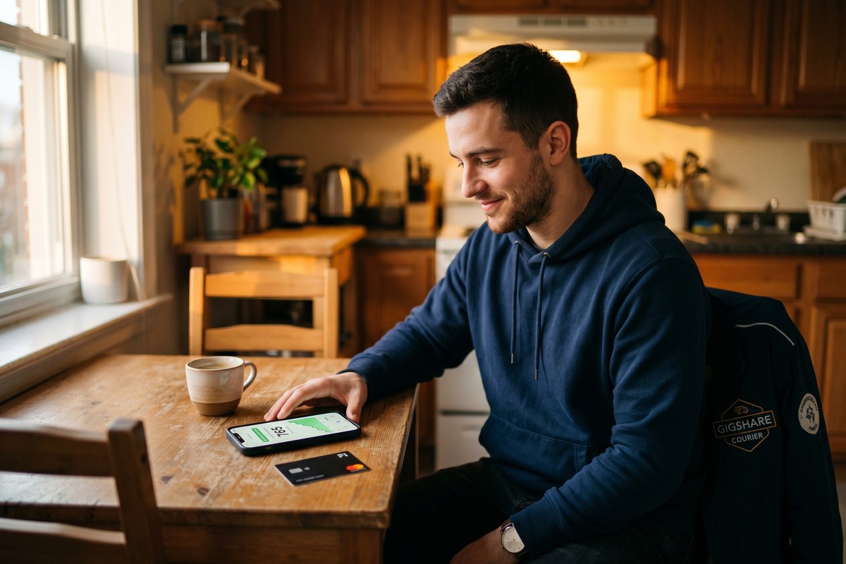 Gig worker using fintech tools on smartphone to build credit from scratch