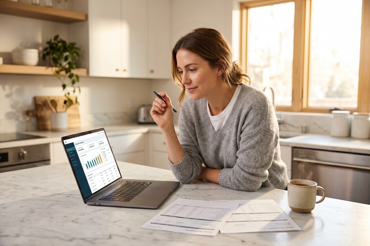 Side-by-side comparison of high yield savings account and money market account on a laptop screen with cash and calculator