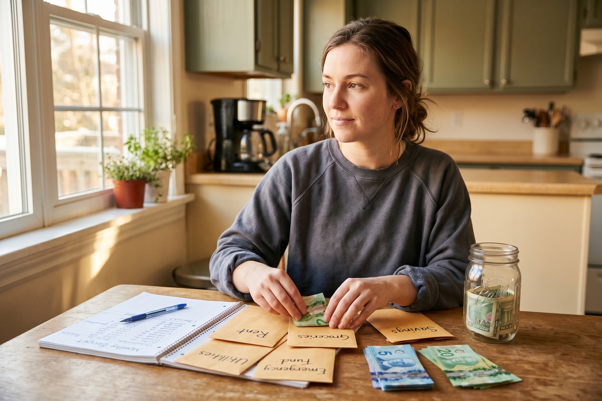 Person starting a sinking fund by putting cash into labeled savings jars on a wooden desk