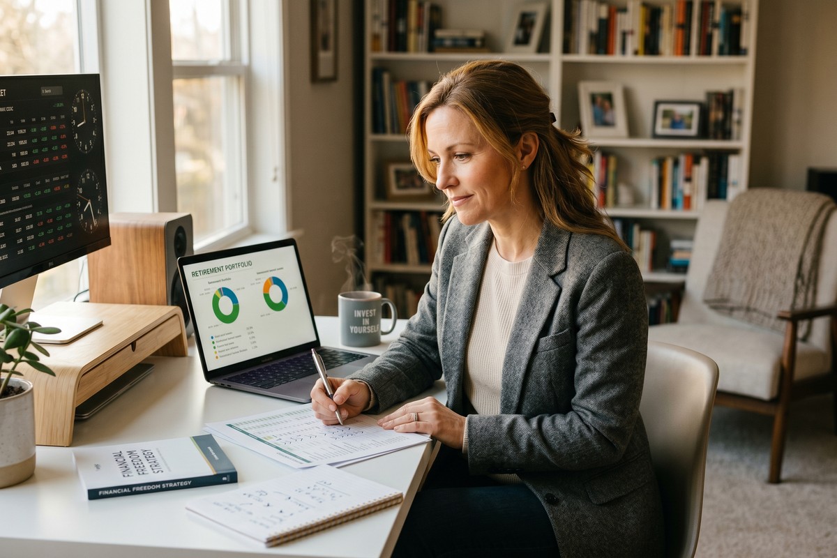 Person in their 40s reviewing retirement investment plans at a desk