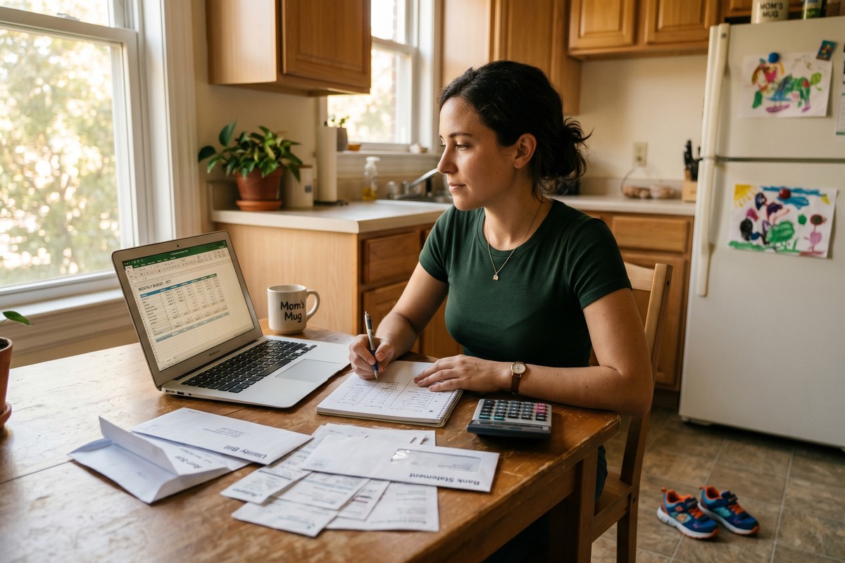 Single mom reviewing budget and debt payoff plan at kitchen table