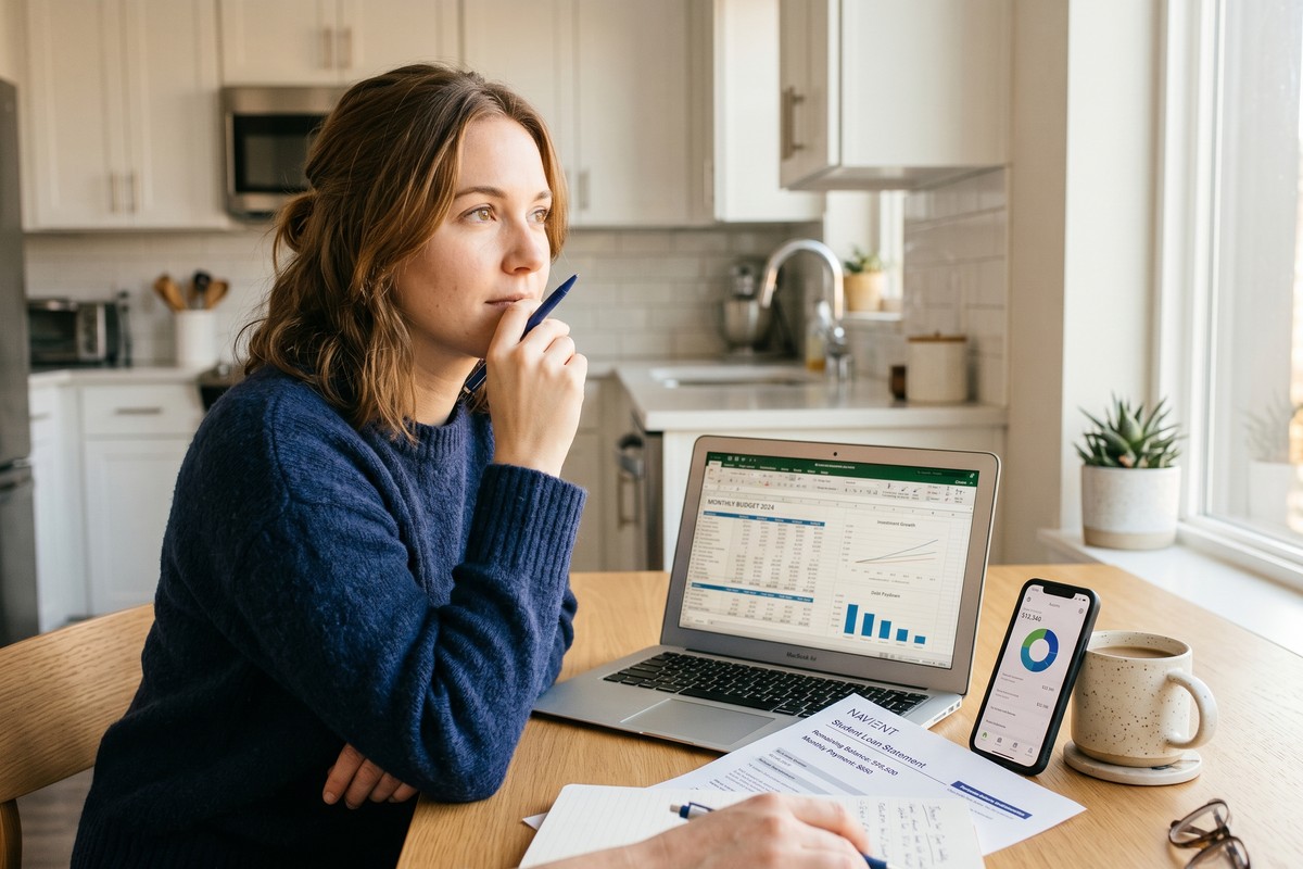 Person weighing the decision to pay off student loans or invest extra cash