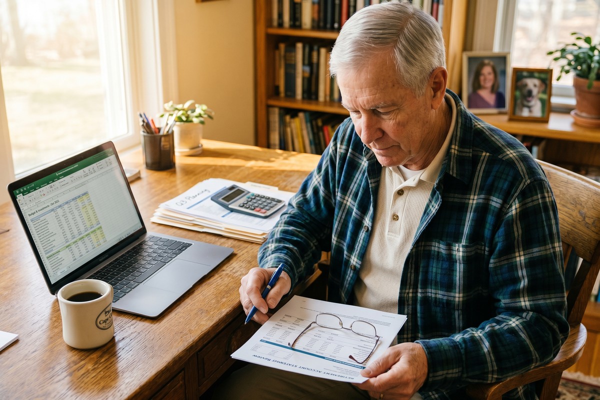 Retiree reviewing required minimum distributions schedule and retirement account documents