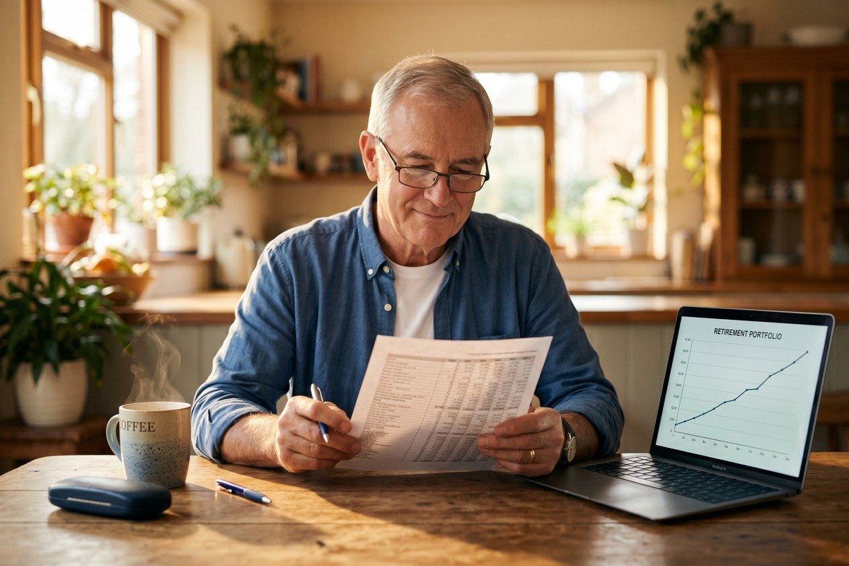 Retired couple reviewing retirement withdrawal strategies on a laptop at home
