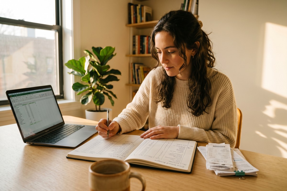 Freelancer creating a zero-based budget on a laptop with notebook and calculator on desk