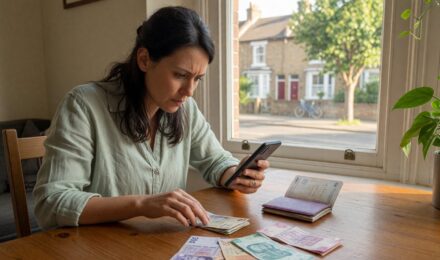 Smartphone displaying fintech app interface with currency conversion and low-cost transfer options