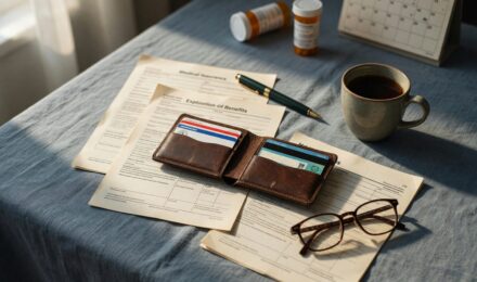 Calculator and documents showing HSA contribution limits and retirement medical expense planning