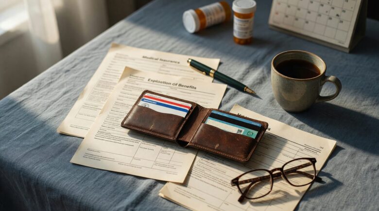 Calculator and documents showing HSA contribution limits and retirement medical expense planning