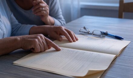 Older couple reviewing Social Security statements and retirement planning documents at kitchen table