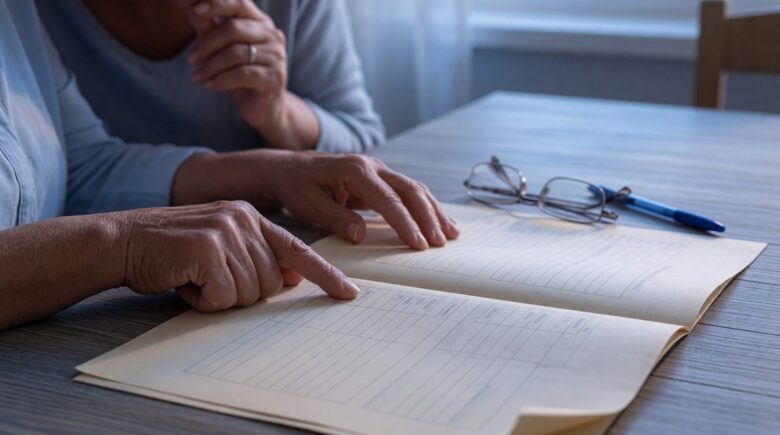 Older couple reviewing Social Security statements and retirement planning documents at kitchen table