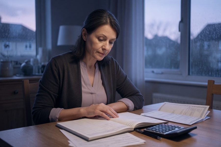 Retiree reviewing mortgage and portfolio documents