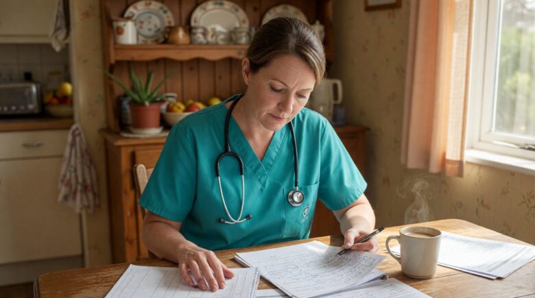 Registered nurse planning early retirement with financial documents and calculator