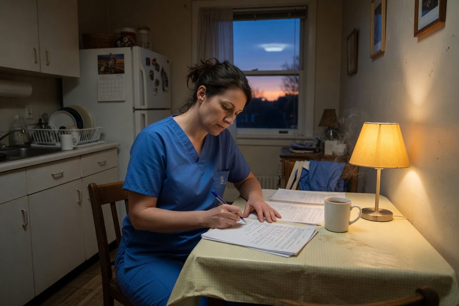 Nurse reviewing retirement account statements on a tablet during break