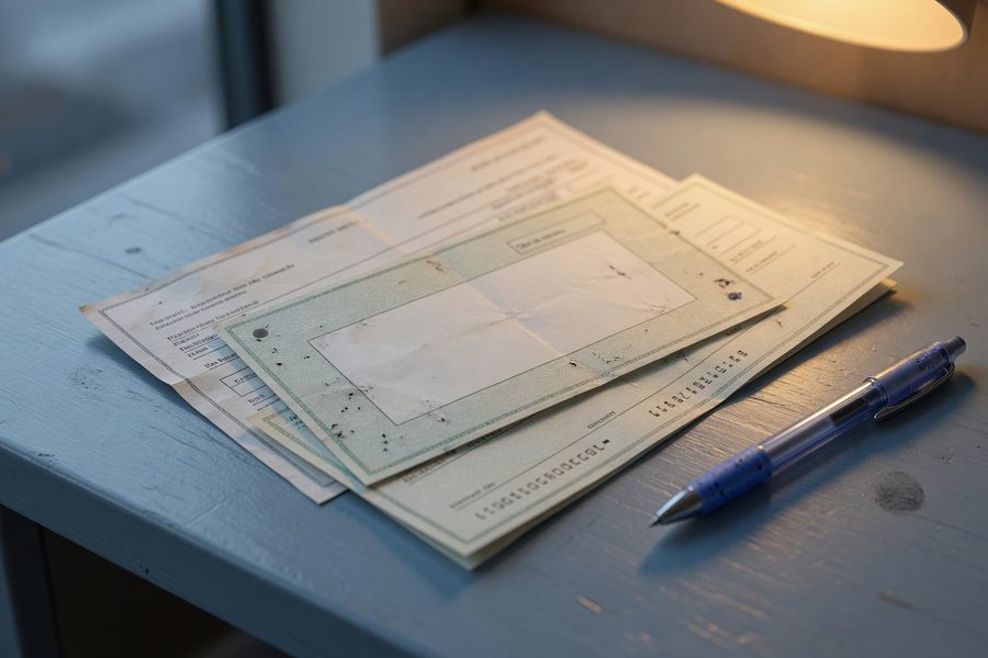 Person reviewing bank statements and listing monthly expenses on paper