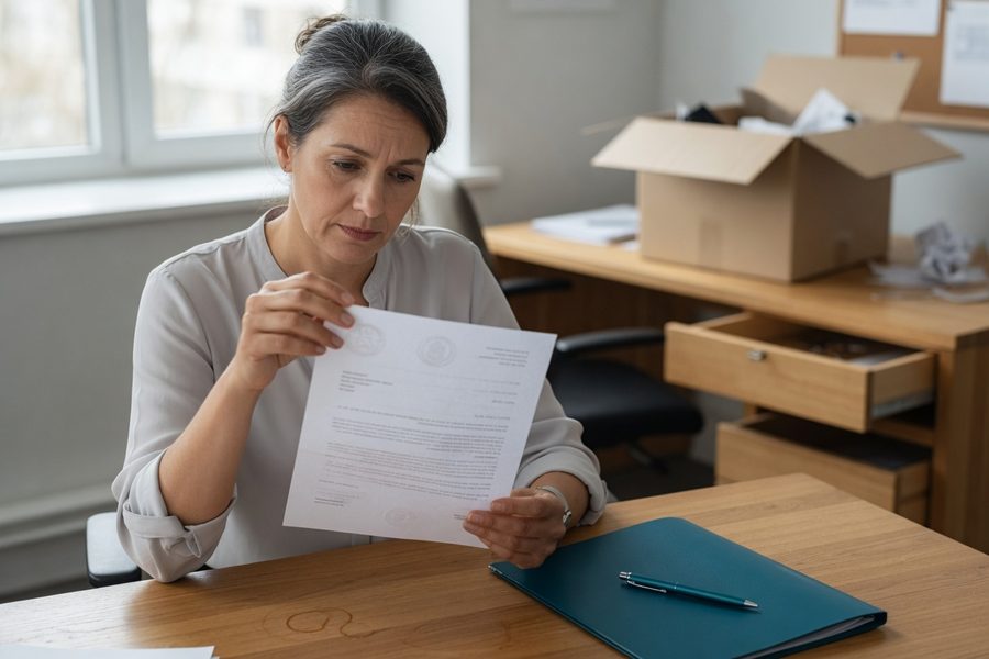 A small business owner talking to an employee about retirement statements after a bankruptcy notice