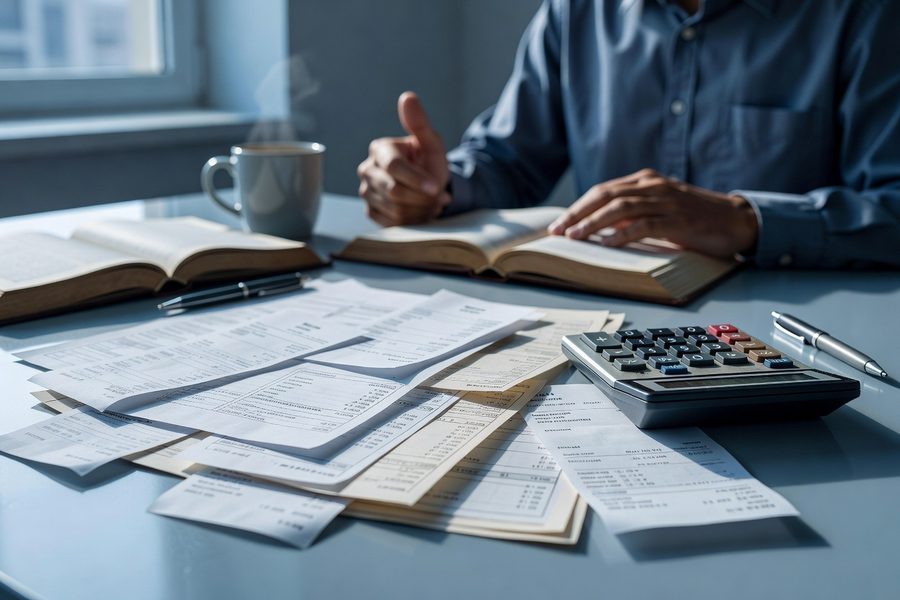 Small business owner reviewing a stack of receipts with a spreadsheet open on a laptop