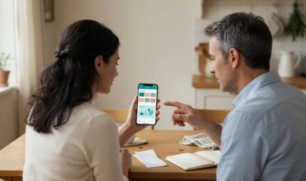 Couple reviewing shared expenses on tablet using AI expense tracking app