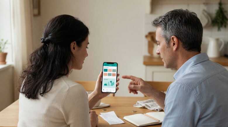 Couple reviewing shared expenses on tablet using AI expense tracking app