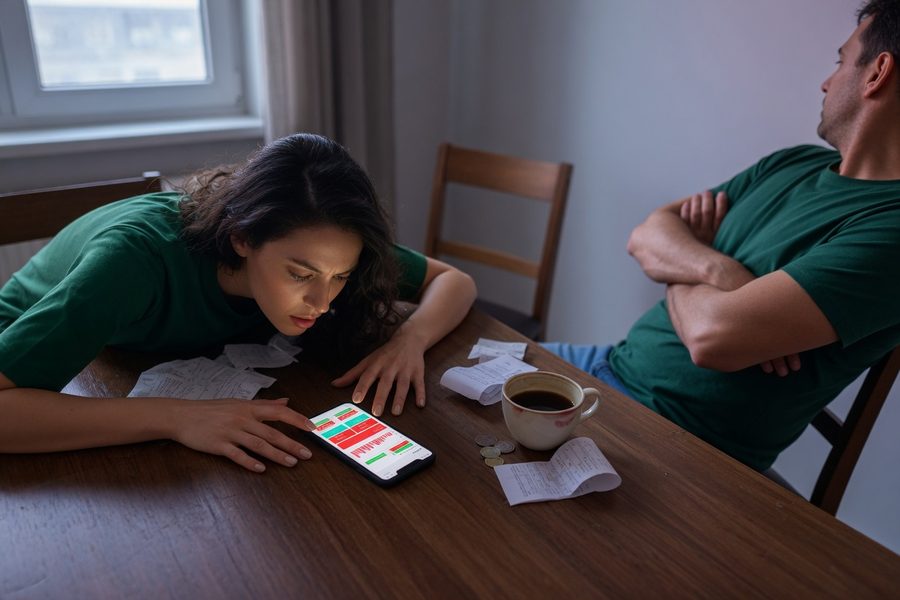 Two people looking at a phone screen showing an expense tracker, one looks concerned.