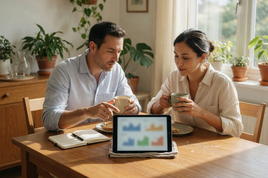 Couple sitting at a kitchen table, looking at a tablet with expense charts while smiling.