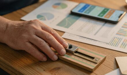 Retiree reviewing financial planning documents on a laptop with AI financial advisor interface displayed