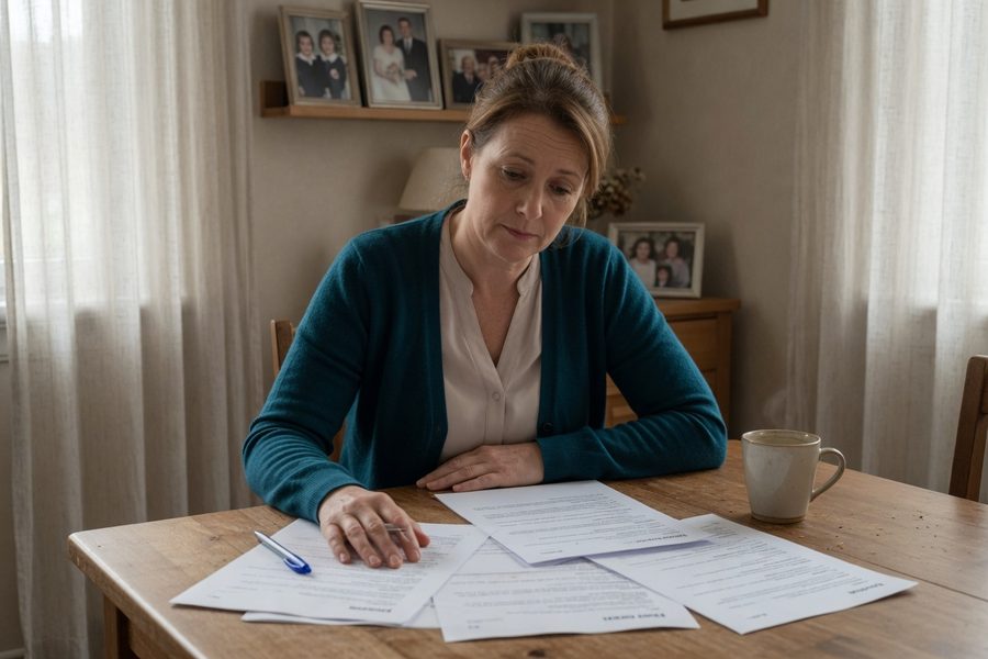 A parent at a kitchen table comparing a job offer letter with a laptop showing an AI budgeting dashboard