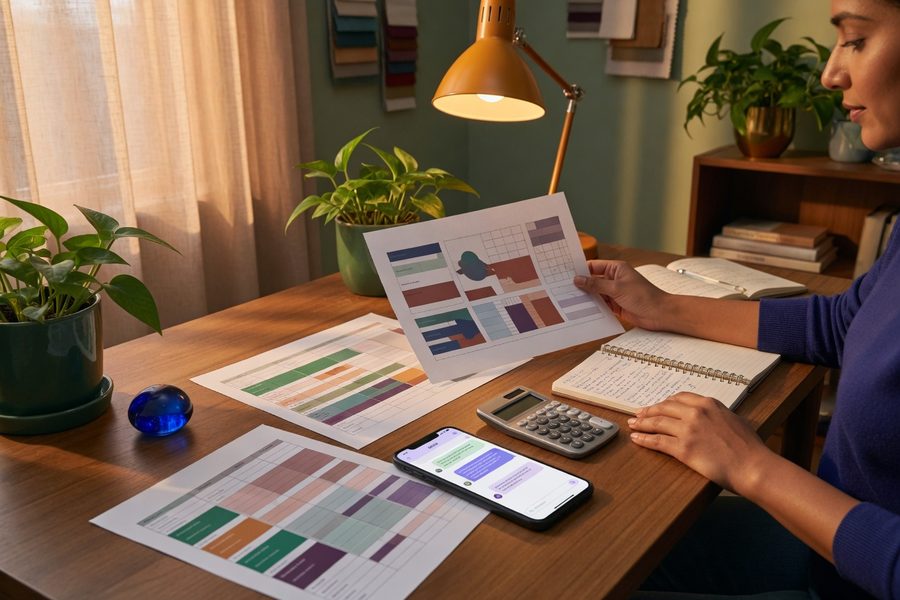 A smartphone screen displaying an AI financial dashboard with spending categories, projected savings, and a retirement shortfall alert