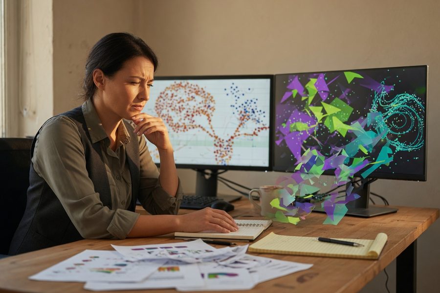 A bank fraud analyst reviewing AI-generated fraud alert summaries on a dashboard in June 2026.