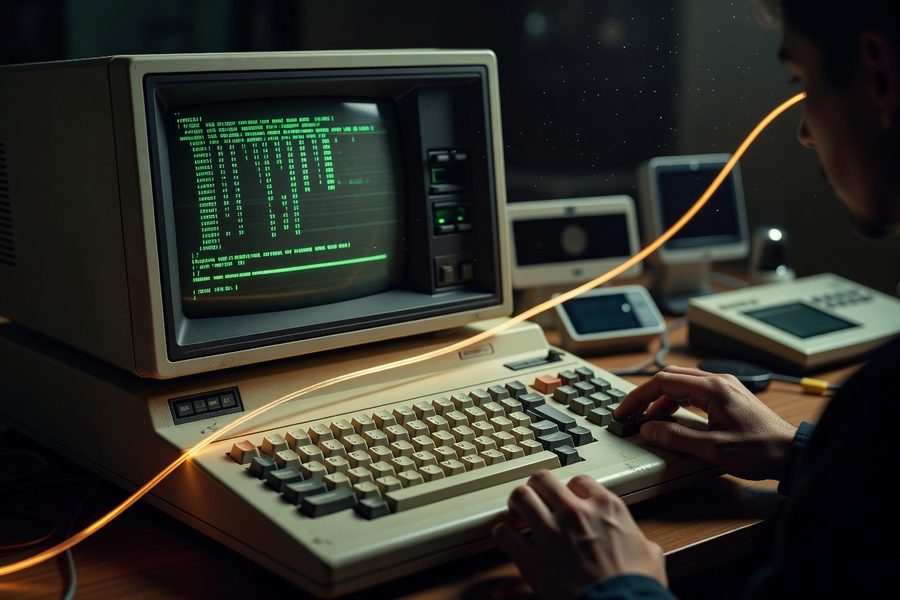 Legacy mainframe and modern API dashboard side by side