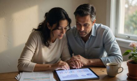 Couple reviewing shared financial data on tablet with AI-powered budget dashboard
