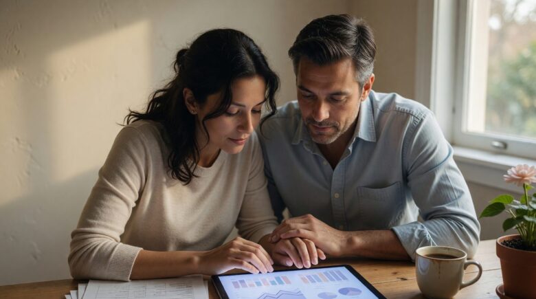 Couple reviewing shared financial data on tablet with AI-powered budget dashboard