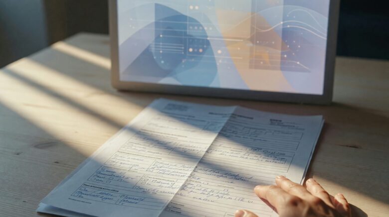 AI algorithm processing mortgage documents and underwriting paperwork on a digital interface
