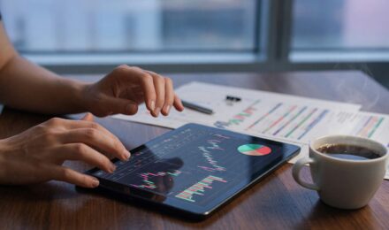 Laptop screen showing AI-powered investment portfolio rebalancing dashboard with performance metrics