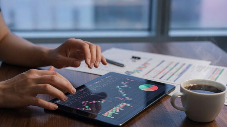 Laptop screen showing AI-powered investment portfolio rebalancing dashboard with performance metrics