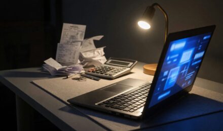 Freelancer using AI tax preparation software on laptop to organize deductions and file quarterly taxes