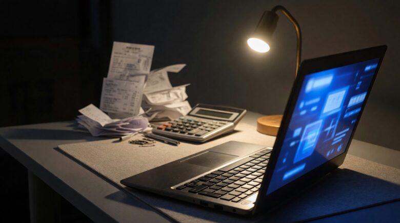 Freelancer using AI tax preparation software on laptop to organize deductions and file quarterly taxes