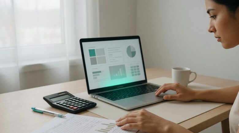 Person using AI tax software on laptop with tax documents and calculator on desk