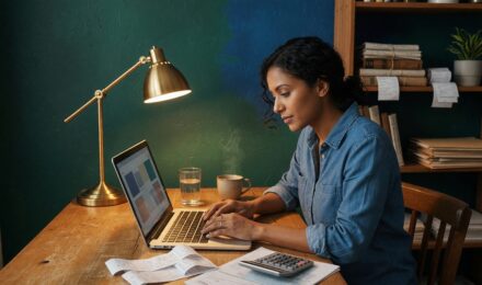 Self-employed worker reviewing tax documents on a laptop with AI tax software interface displayed