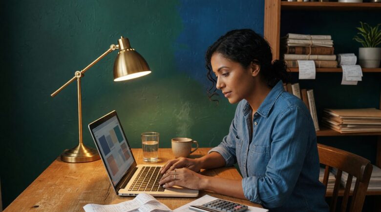 Self-employed worker reviewing tax documents on a laptop with AI tax software interface displayed