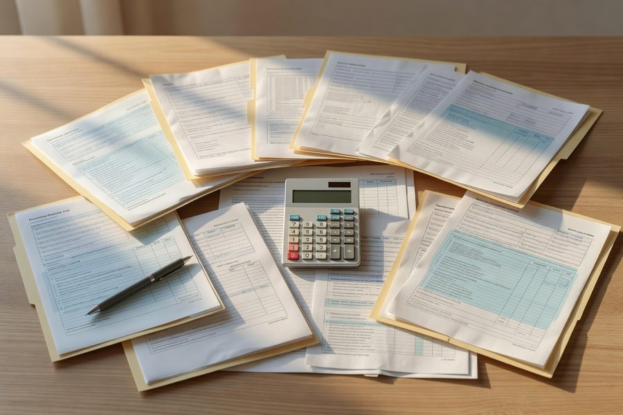 Freelancer sorting through multiple 1099 forms at tax time